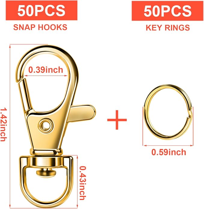 LEOBRO 100PCS Lobster Claw Clasps and Key Rings, 50PCS Keychain Clips and 50PCS Key Chain Ring for Keychain, Key, Jewelry Making, Art Crafts, Gold