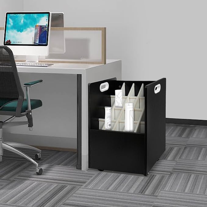 20 Slots Blueprint Storage Organizer, Mobile Roll File Cart, Construction Plan Holders, Blue Print Cabinet with Wheels, Roll Files Storage for Office Home School (Black, 20 Slots)