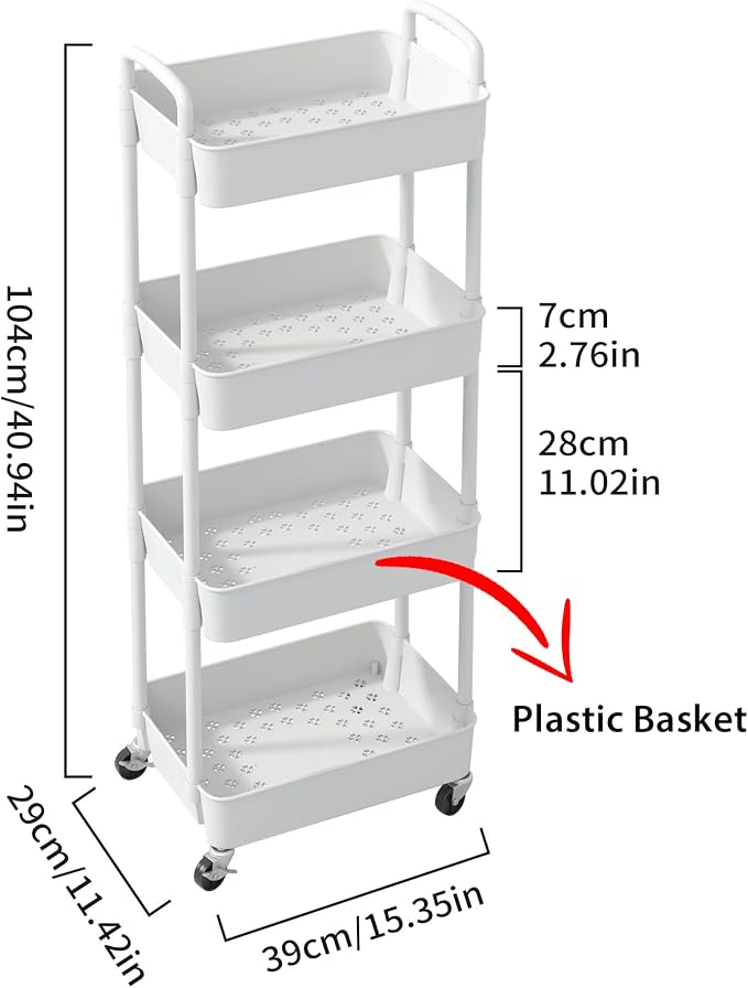 Sywhitta 4-Tier Plastic Rolling Utility Cart with Wheels for Storage,White | Multi-Functional Storage Trolley, for Office, Living Room, Kitchen, Bathroom,Movable Organizer,Space-Saving,Easy to assemble