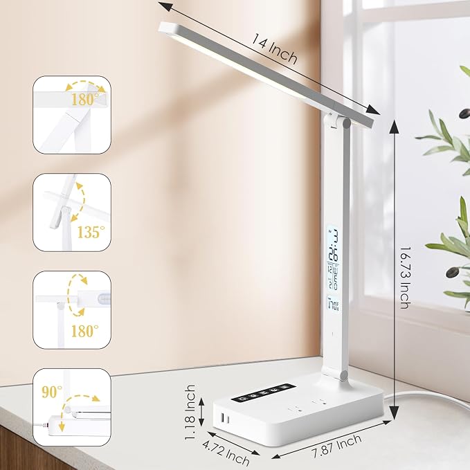 Infiway Desk Lamp with USB Charging Port: LED Desk Lamps for Home Office - 1 Type-C, 1 USB-A Charging Port, 2 AC Power Outlets - Touch Control Dimmable 5 Color 5 Brightness