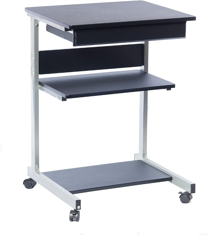 Techni Mobili Rolling Laptop Cart w/ Storage & Printer Shelf,Graphite Black | Rolling laptop cart with storage shelf, printer platform, locking wheels, portable workstation, laptop stand, or mobile desk
