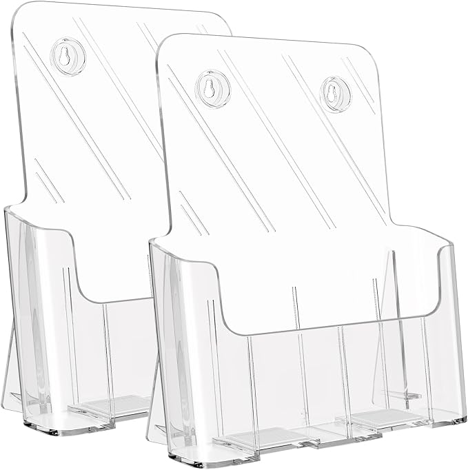 KTRIO Acrylic Brochure Holder 8.5 x 11, 2 Pack Literature Display Stand | Desktop/Wall-Mount, Clear Plastic Flyers Holder Fits 8.5" Wide Magazines, Pamphlets, Documents, Booklets, Journals, Menus