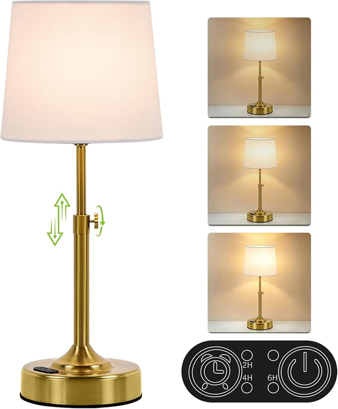 Height Adjustable Rechargeable Table Lamp with Timer, Dimmable Cordless LED Desk Lamp, 4000mAh Battery Operated Table Lamps, Gold Wireless Touch Nightstand Lamp for Kitchen Counter Coffee Table Office