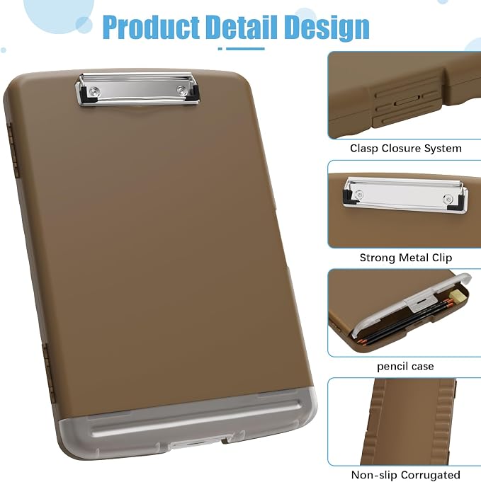 Hongri Clipboard with Storage with Pencil Case, 8.5 x 11 Storage Clip Board | High Capacity Organization Box for A4 Letter Legal Paper, Heavy Duty Folio & Side-Opening for Nurses, Teachers, Brown
