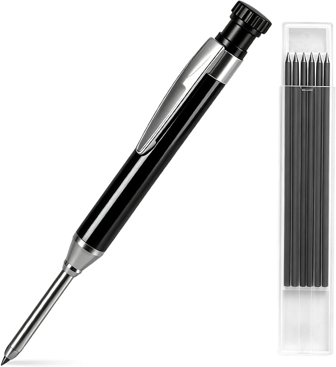 YEVEETTE 2.8mm Carpenter Pencils with 7 Refills, Built-in Sharpener Long Nib Deep Hole Construction Pencil, Metal Drafting Pencil Set for Carpenter Scriber Woodworking Architect (Black)