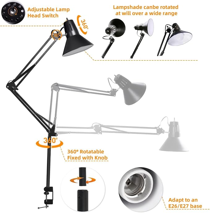Black Desk Lamp with Clamp, Extra-Tall Adjustable Metal Swing Arm, 2 Pack | Manicurist Table Lamp for Nail Work, Drafting, Sewing, Crafting, College Dorm and Home Office, A19 Bulbs Included