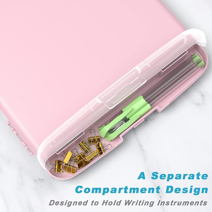 Rimilak Clipboard with Storage, 8.5 x 11'' High Capacity Clip Board, Pink | Smooth Writing, Side-Opening Plastic Folder with Pen Holder, Size 14.2 x 9.6 x 1.2″ ,for Classroom, Teacher, Student