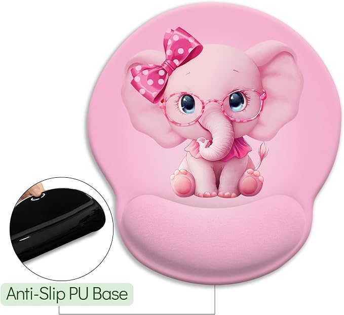 LIMKRIAN Pink Elephant Ergonomic Mouse Pad with Wrist Rest, 9.8 x 8.6 in | Non-Slip PU Base, Smooth Surface, Comfort Gel Wrist Support, Pain Relief, Cute Pink Office Desk Accessories Decor for Women
