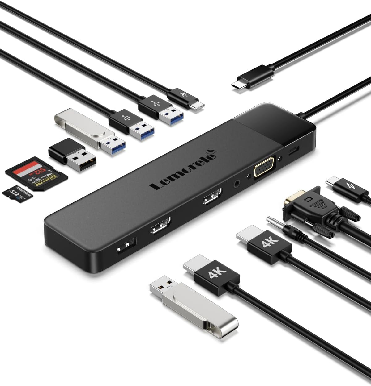 Lemorele 13 in 1 USB C Docking Station Triple Monitor w/Dual HDMI 4K, VGA, 5 USB 3.0/2.0, USB-C 3.0, 100W PD, SD/TF, 3.5mm Audio, Multiport Hub Adapter for Lenovo, Surface, Dell, HP Laptops