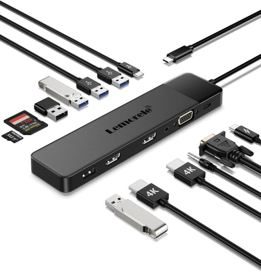 Lemorele 13 in 1 USB C Docking Station Triple Monitor w/Dual HDMI 4K, VGA, 5 USB 3.0/2.0, USB-C 3.0, 100W PD, SD/TF, 3.5mm Audio, Multiport Hub Adapter for Lenovo, Surface, Dell, HP Laptops
