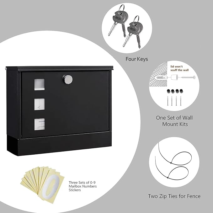 LAND·VOI Locking Mailbox Wall Mounted, Metal Postbox with Three Sets of Mail Box Number Stickers, 4 Keys, 14.4" x 4.5" x 11.2", Large Capacity, Black, AMB11B