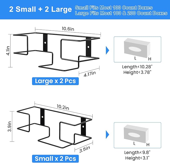 THYGIFTREE Glove Box Holder Wall Mount Dispenser, 4 Pack Metal Rack for Disposable Nitrile, Latex & Vinyl Gloves, Fits 100 & 200 Count Boxes for Kitchen, Garage, Lab, Black