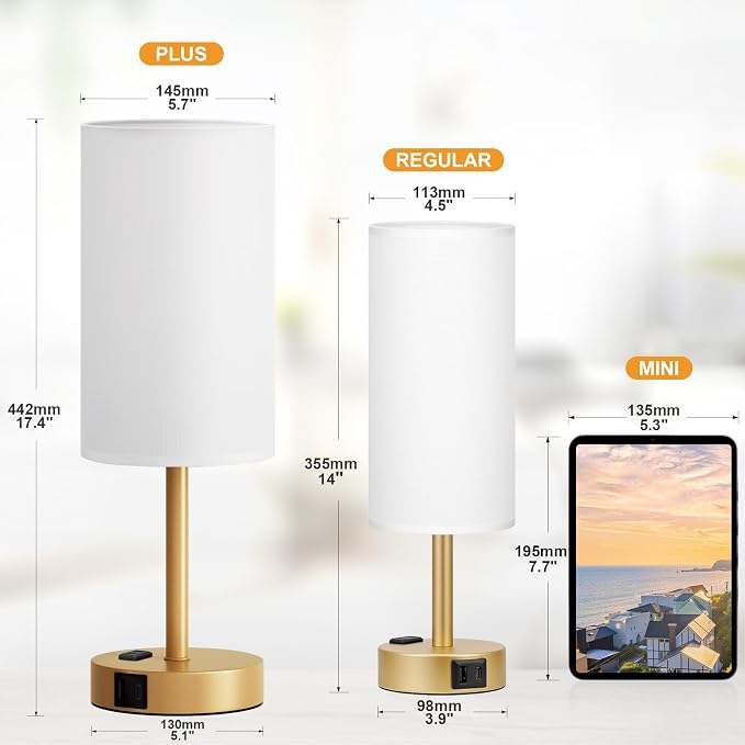 Gold Nightstand Bedroom Lamp - 3 Way Dimmable Bedside Lamp USB C A Charging Ports and AC Outlet, Small Table Lamp Linen Lampshade for Office Desk