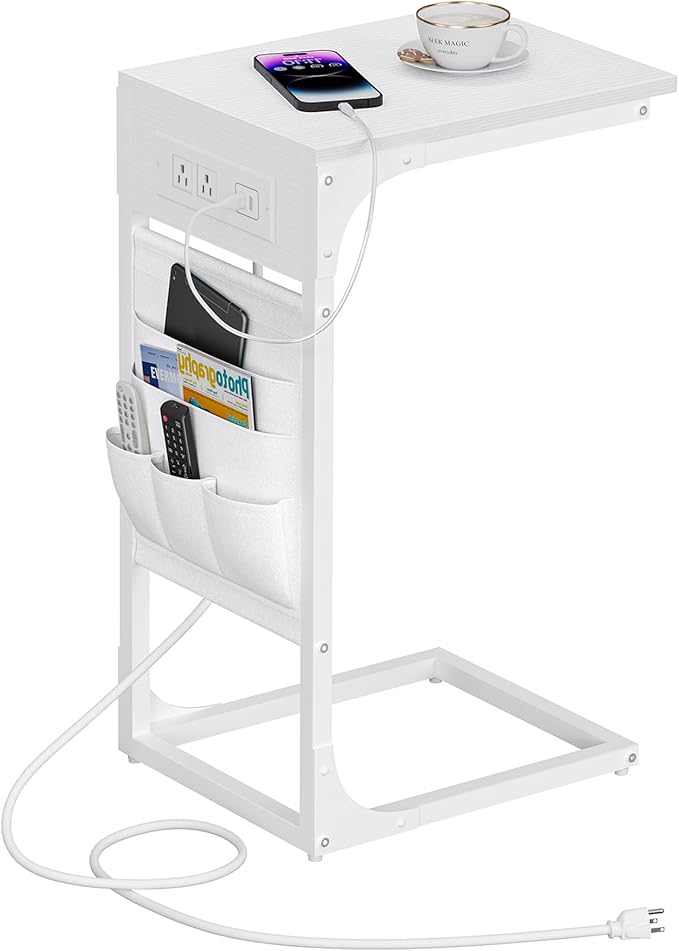 TUTOTAK C Shaped End Table with Charging Station, Side Table for Sofa | Couch Table with Storage Bag, TV Tray with 2 USB Ports and Outlets, Living Room and Bedroom, White TB01BW024