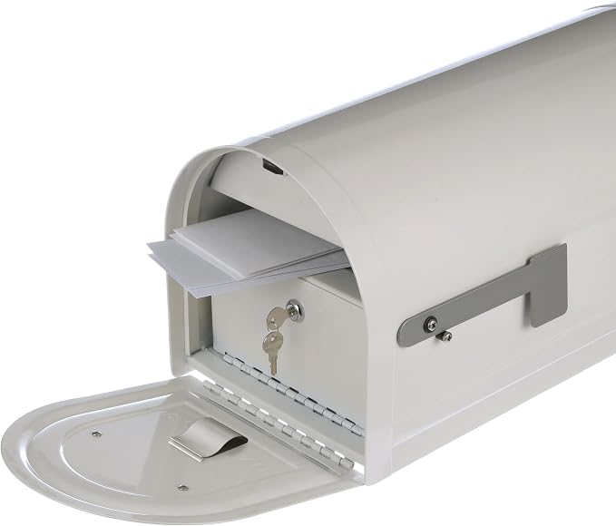 Architectural Mailboxes Reliant Locking Post Mount Mailbox, White, Large | Galvanized steel build with concealed secure lock and key and a magnetic door closure. USPS approved. Includes 2 keys.