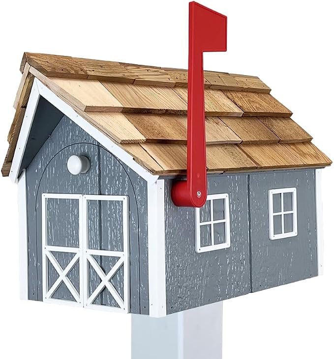 Peaceful Classics Amish Cedar Roof Wooden Mailbox with Window & Door Trim, Handcrafted Mailboxes for Outside, Post Mount Residential Mailboxes - (Gray & White, Wood)