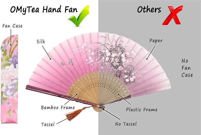 OMyTea® "Grassflowers 8.27"(21cm) Hand Held Folding Fans - With a Fabric Sleeve for Protection for Gifts - Chinese/Japanese Vintage Retro Style (Red)