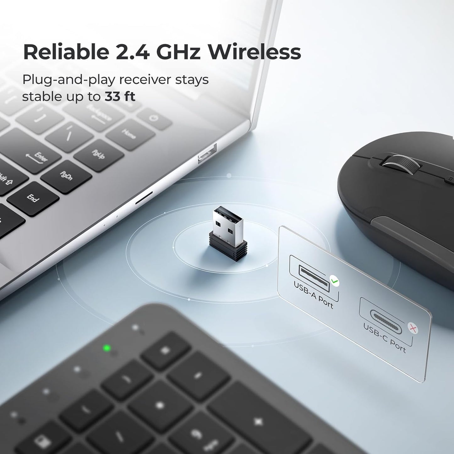 iClever Wireless Keyboard and Mouse, GK08 Rechargeable Keyboard Mouse Combo, Ergonomic, Quiet, Full Size Design with Number Pad, 2.4G Connection for Mac, Windows and Computer