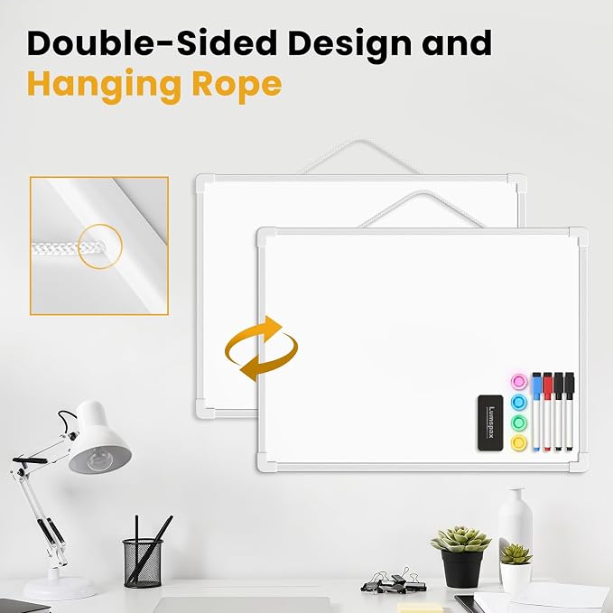 Small Dry Erase Board for Wall, 16" x 12" Double-Sided Hanging Whiteboard, Magnetic White Board with 4 Markers, 4 Magnets and 3 Mini Sticky Notes, Portable Whiteboard for Kids, School, Home, Office