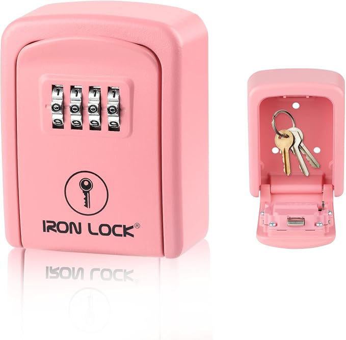Iron Lock® Small Wall Mount Key Lock Box for Keys Outside (Pink) | Combination Lock, Resettable 4-Digit Code, Screw-In Wall Mount, Weather-Resistant Metal, No Battery or App, Holds 2 to 5 Keys