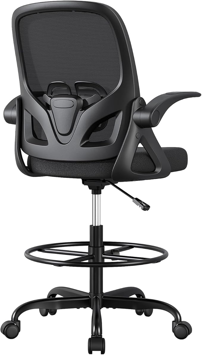 ORRSAKER Drafting Chair, Tall Office Chair with Flip-up Arms, Mesh Ergonomic Computer Standing Desk Chair with Adjustable Height Foot Ring and Lumbar Support, 300 LBS Capacity, Black