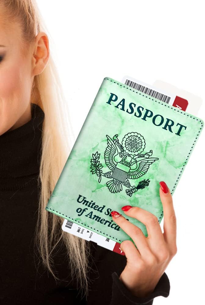 Eoehro Passport and Vaccine Card Holder Combo, Faux Leather, Compact, Lightweight, Waterproof, E-Marble Green