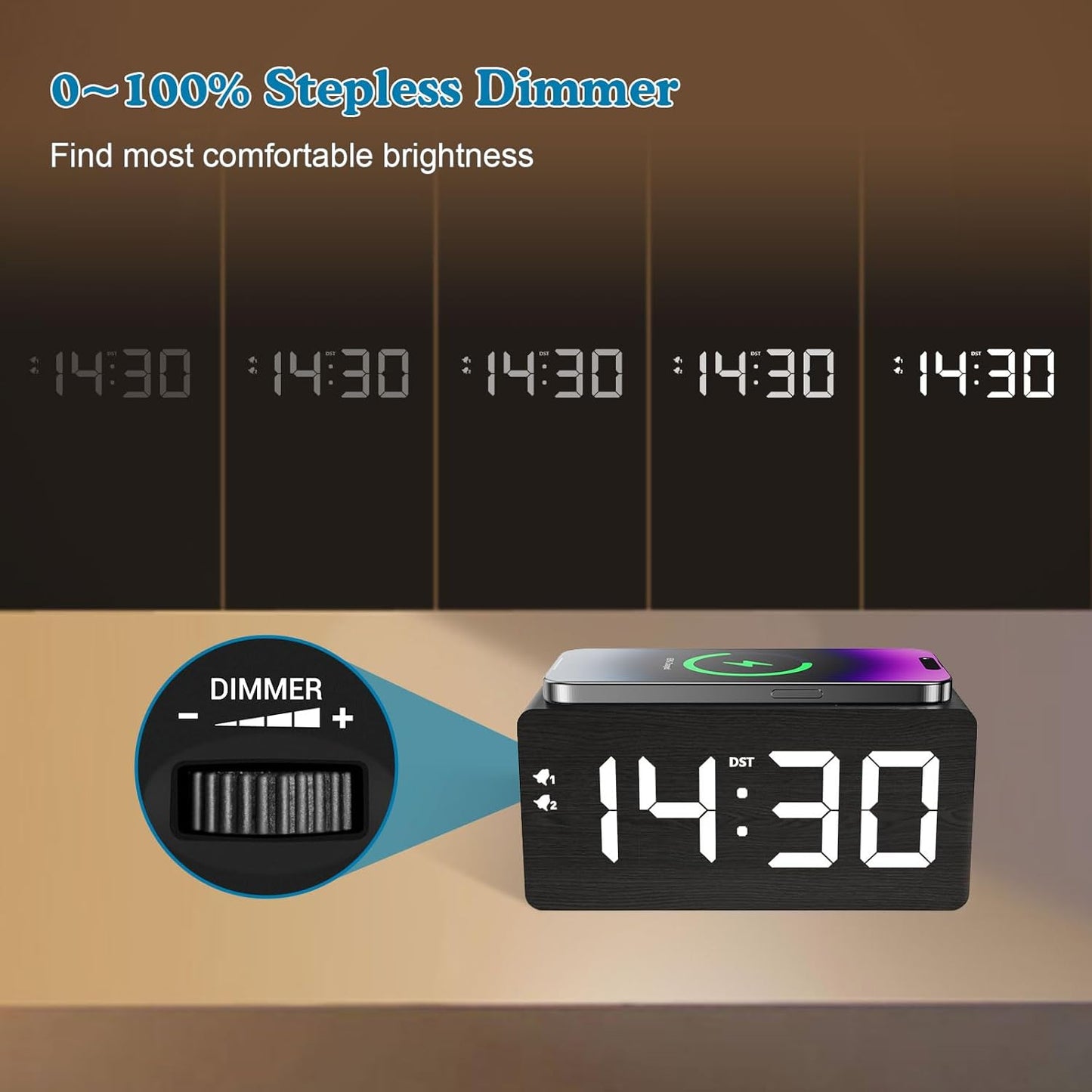 Wood Digital Alarm Clock with 10W Fast Wireless Charger, USB Charging Ports, DST, Dimmable, Snooze, Large Number LED Display for Bedrooms, Desk, Living Room Table, Bedside, Nightstand (Black)