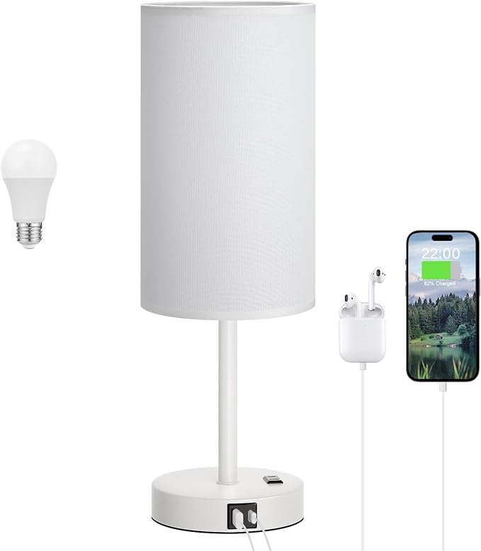 Dicoool 17.4" Bedside Lamp for Bedroom - Dimmable Touch, USB A+C, AC Outlet | LED Bulb Included, 3-Way Dimmable, 17.4" Table Lamp for Living Room, Dorm, White Fabric Lampshade, White Metal Base