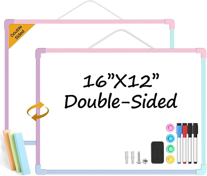 Colorful Frame Small Dry Erase Board for Wall, 16" x 12" Double-Sided Hanging Whiteboard with 4 Markers, 4 Magnets and 3 Mini Sticky Notes, Portable Whiteboard for Kids, School, Home, Office