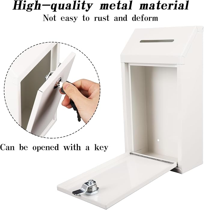 Metal Donation Box with Lock Ballot Box Drop Box with Lock Suggestion Box with Slot and Locks Metal Locks Boxs Comment Box Voting Box Key Drop Box for Home Office(White,10.24 x 5.71 x 2.95 Inch)