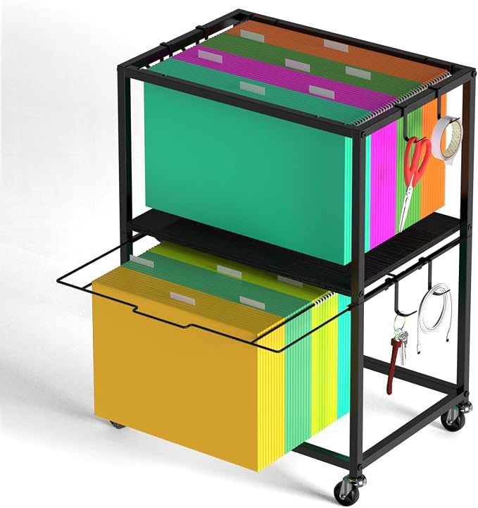 Sunexinlo Rolling File Cart for Letter/Legal Size 2-Tier,Hanging File Organizer, Pull-Out Mobile File Cabinet with 360° Wheels & 4 Hooks, Under Desk Filing Cabinets for Home Office, Black