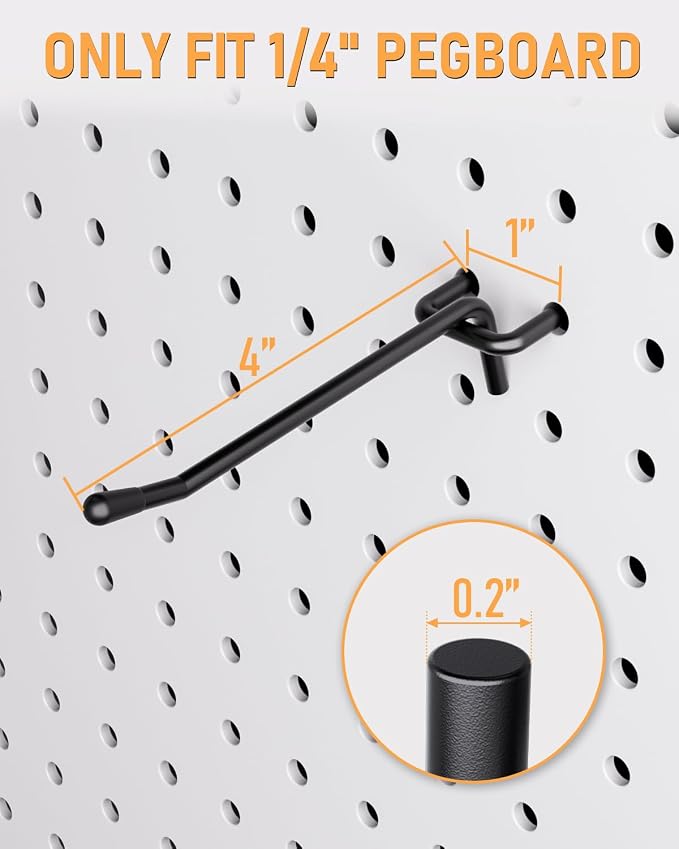 INCLY 60 Pack 4 Inch Black Pegboard Hooks, 1/4" Heavy Duty | Peg Board Shelving Hooks Accessories, Fit for 1/4" Pegboard, Garage, Crafts, Kitchen, Store, Peg Board Tool Hangers
