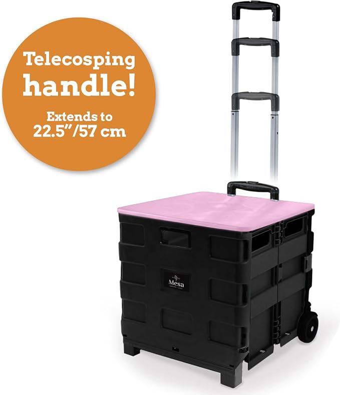 Collapsible Ultra-Slim Pack-N-Roll,2 Wheel Utility Cart w/Lid Used as Seat up to 250 Lbs, Telescopic Handle, Super Strong, for Home,Garden,Shopping,Office,School, Large, Pink & Black