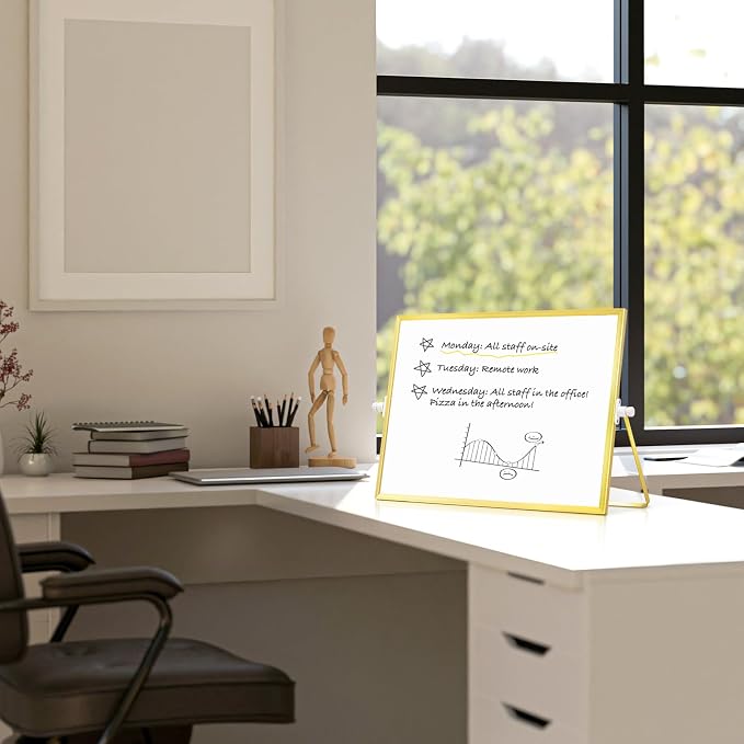 Double-Sided Magnetic White Board with Stand, 16" x 12" (Gold) | Dry Erase Board with Stand, Desktop Whiteboard Easel , Portable Small White board dry erase for Drawing, Office, Home