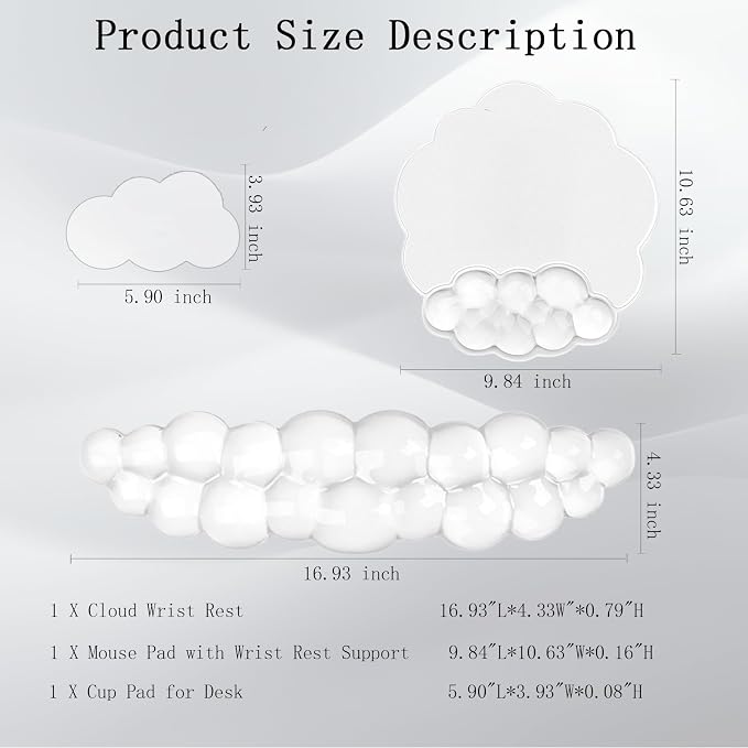 Gel Cloud Wrist Rest for Keyboard and Mouse Clear Mouse Pad with Wrist Rest 3PCS Ergonomic Cool Keyboard Wrist Pad Cute Acrylic Coaster Non-Slip Cute Transparent Mouse Wrist Pad for Computer Keyboard