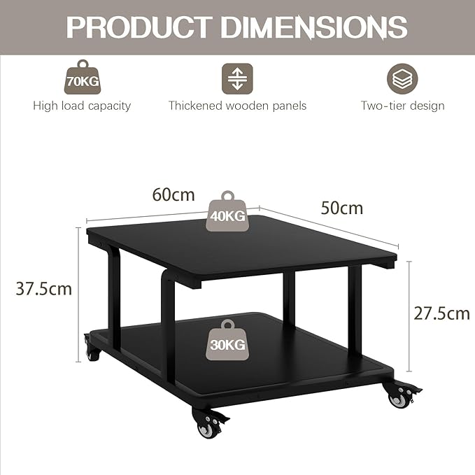 Natwind 2 Tier Laser Printer Stand,24''x20''x15'' Large Printer Table Copier Stand Under Desk,Heavy Duty Rolling Cart with Paper Storage Shelf,Printer Holder on Wheels for Home Office (Black)