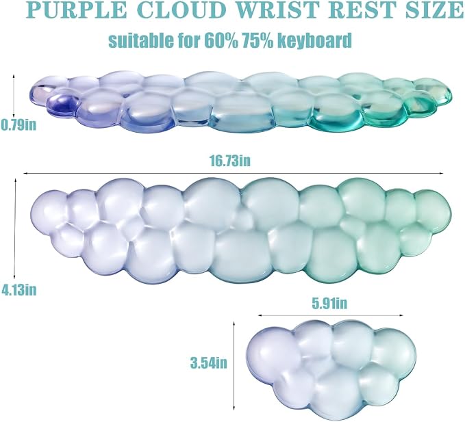 Gel Keyboard and Mouse Wrist Rest Set – Clear Cloud Wrist Rest for Computer Keyboard 60%/68%/75%, Comfort & Support for Typing and Gaming(Purple Green)