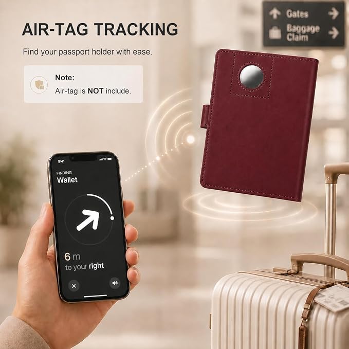 Passport Holder with Air-Tag Slot RFID Blocking Leather Travel Wallet | Multiple Card Compartments, SIM Card Access, Compact Carry Design, Flight Ready Essentials for Men & Women, Red