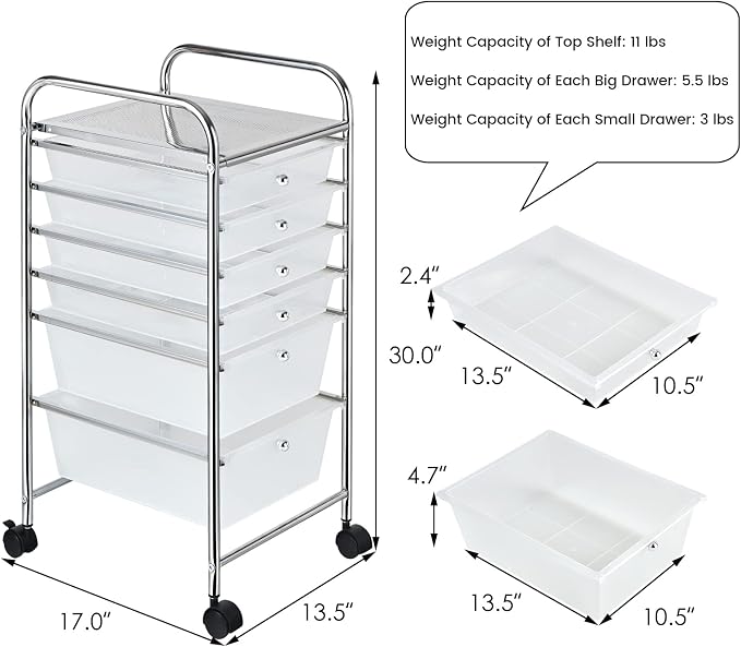 COSTWAY 6-Drawer Rolling Storage Cart, Art Craft Tools Organizer on Wheels | Multifunctional Heavy Duty Utility Mobile Storage Trolley w/ 2 Lockable Wheels for Home Office School (Clear)