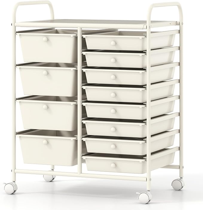 COSTWAY 12 Drawer Rolling Storage Cart, Utility Cart with Metal Frame | Mobile Art Supply Craft Organizer, Multipurpose Storage Organizer for Paper, Office, School Teacher, Classroom, White