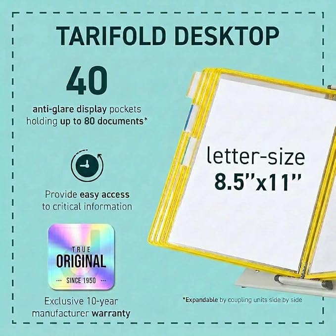 Tarifold Desktop Reference Display System, 40 Pockets, Expandable, Yellow | 40 double-sided PVC pockets, holds 80 letter-size sheets, sturdy metal base, quick-find indexing, quick and easy to assemble