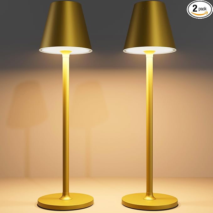 Timjorman 2-Pack Cordless Table Lamps - 5000mAh Rechargeable Battery Operated Desk Lamp, 3-Level Dimmable LED Night Light for Bedroom, Dining, Restaurant - Metal Design (Bronze 2PACK)