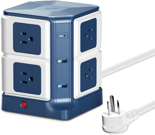Power Strip Tower with PD20W USB C, BESTEK 8-Outlet and USB Charging Ports 2100 Joules Surge Protector, 5 Feet Extension Cord Flat Plug, ETL Listed