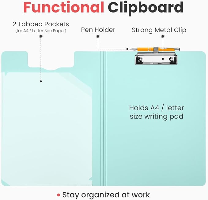 Sooez Foldable Clipboard Folder, A4 Folding Clip Board with Pen Loop 8.5x11 | 2 Tabbed Pockets, 360° Portfolio, Binder Clipboards with Low-Profile Metal Clip, Folio Storage for Nursing, School & Office