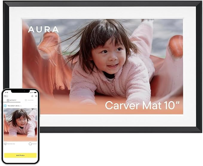 Aura 10" HD WiFi Digital Picture Frame – Free Unlimited Cloud Storage – Send Photos from Phone – No Subscription – Auto On/Off – Gift for Parents & Grandparents (Black Mat, 10")