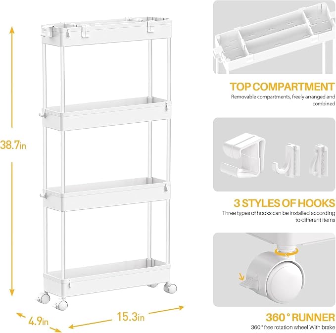 2-piece Set Slim Storage Cart 3 Tier,Bathroom Organizer Rolling Utility,Mobile Shelving Unit Slide Out for Office, Kitchen, Laundry Room & Narrow Places