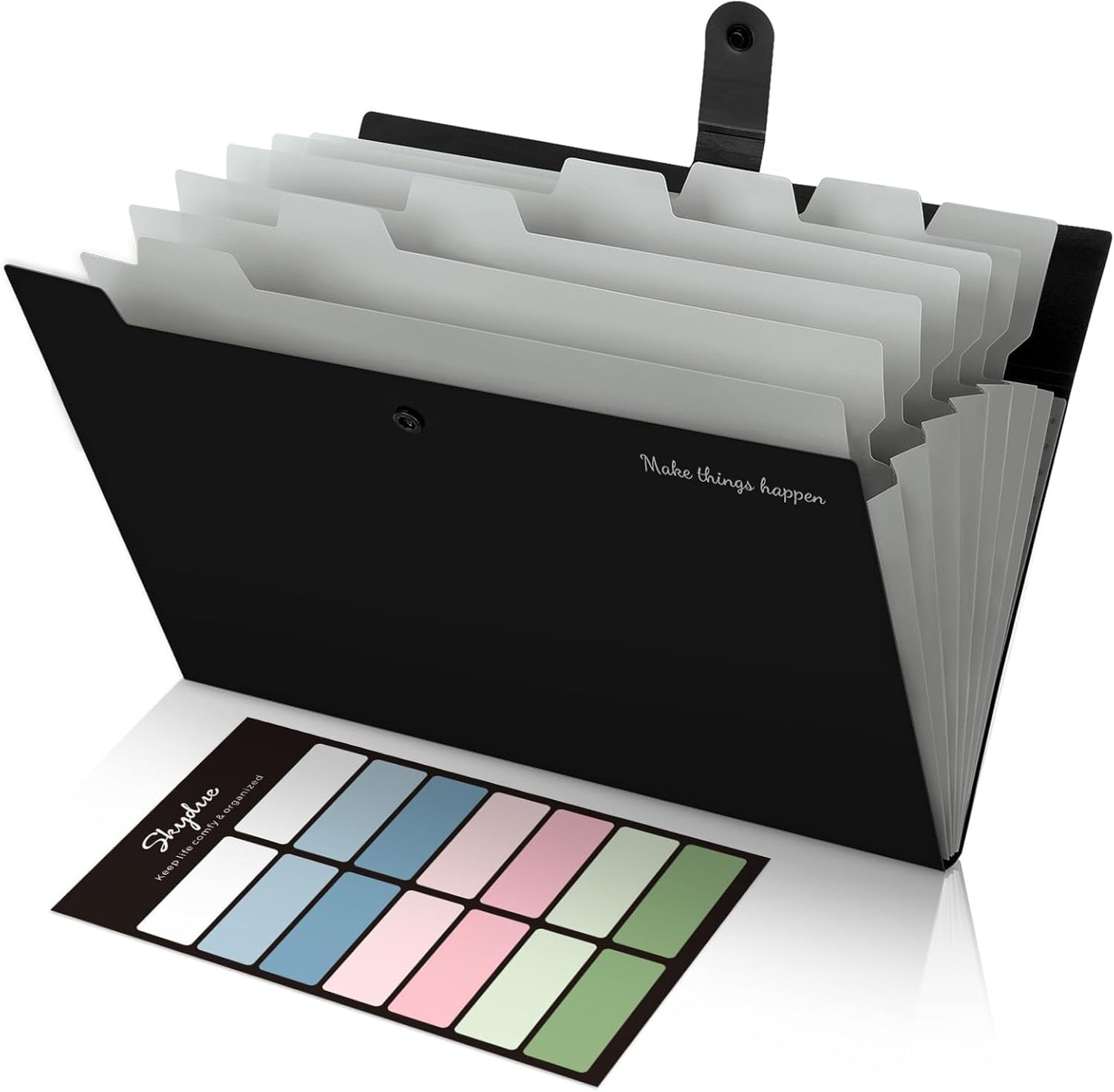 SKYDUE Expanding File Folders with Labels,8 Pockets Accordion File Organizer, Portable Document Paper Organizer, A4 Letter Size Filing Folder for Office, Pack of 4, Black