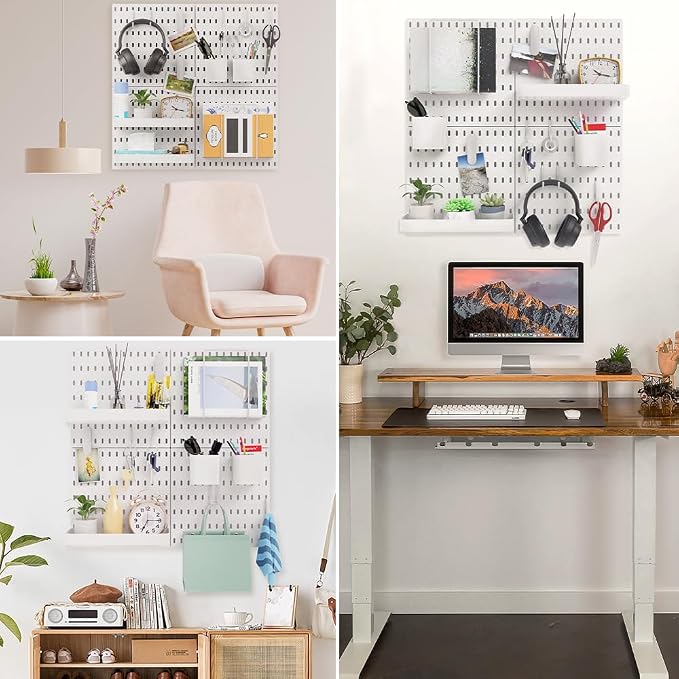 16pcs Pegboard Sets, Plastic White Peg Board Wall Organizer Kits | 4pcs Peg Board and 12 Accessories Modular Hanging Wall Mount Display Pegboard Sets for Home Office Garage Kitchen Workshop