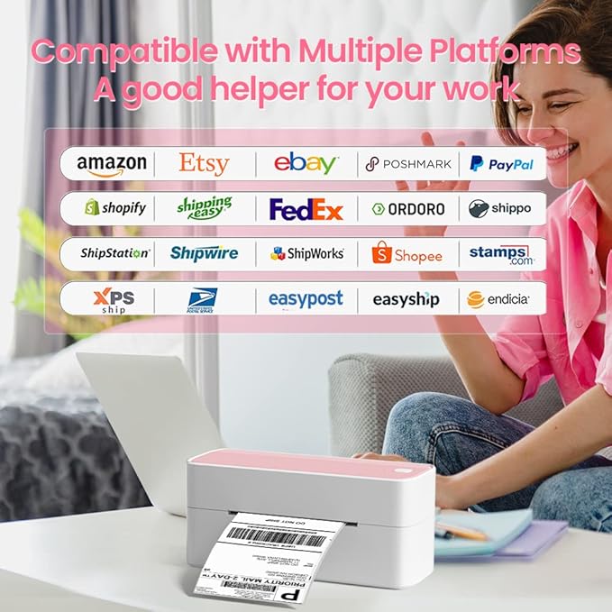 Phomemo Bluetooth Thermal Label Printer, 241BT 4X6 Wireless Shipping Label Printer for Small Business, Pink Labels Printers for Shipping Package, Compatible with iPhone, Android, Shopify, Amazon, USPS