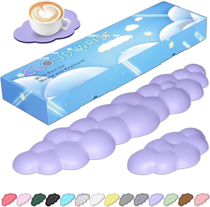 JIKIOU Upgrade Leather Cloud Wrist Rest for Keyboard and Mouse & Cup Pad | Wish Gift-Cute Cloud Shape, Comfortable and don’t Irritate to Skin, Non-Slip PU Base,Soft Memory Foam filled for Pain Relief